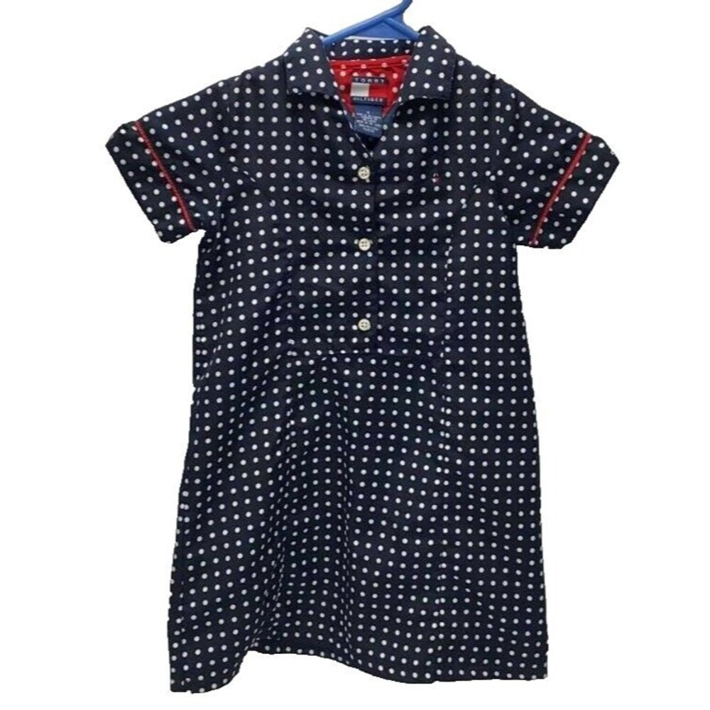 Tommy Hilfiger Girls Size 5 Dress Dark Blue Navy White Polka Dot Casual Kids VTG